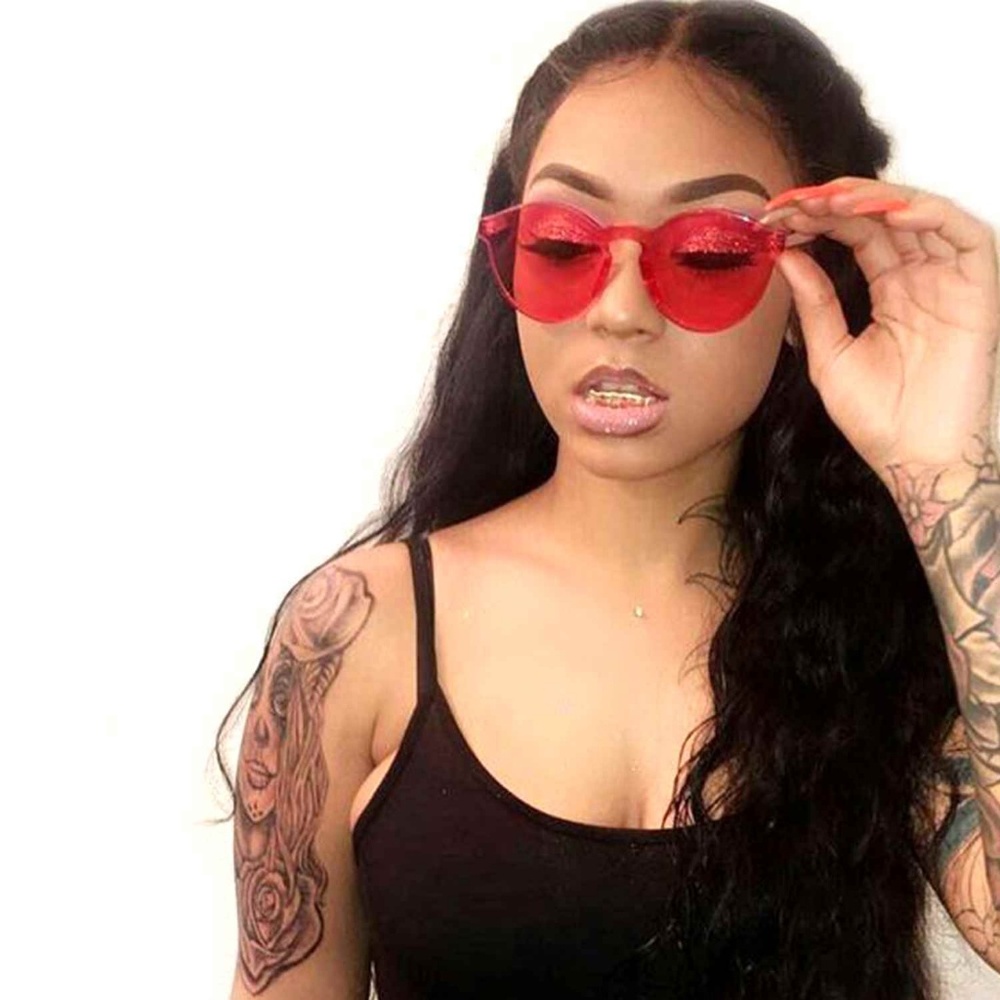 Cat Eye Round Sunglasses Designer Rimless Red - Picture 2 of 4